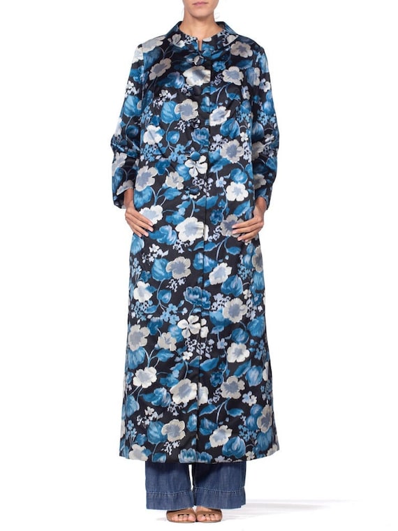 1950S Black & Blue Couture Grade Floral Silk Sati… - image 1
