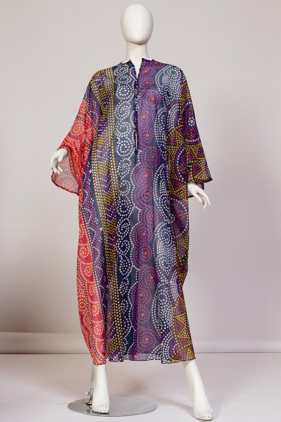 1970S SAKS Purple & Blue Polka Dot Polyester Chiff