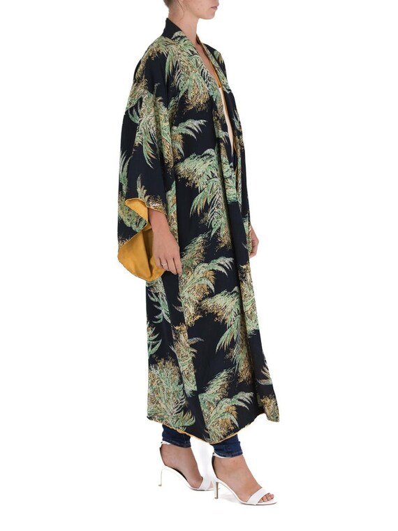 1940S Black Silk  Rayon Rare Tropical Print Kimono - image 4