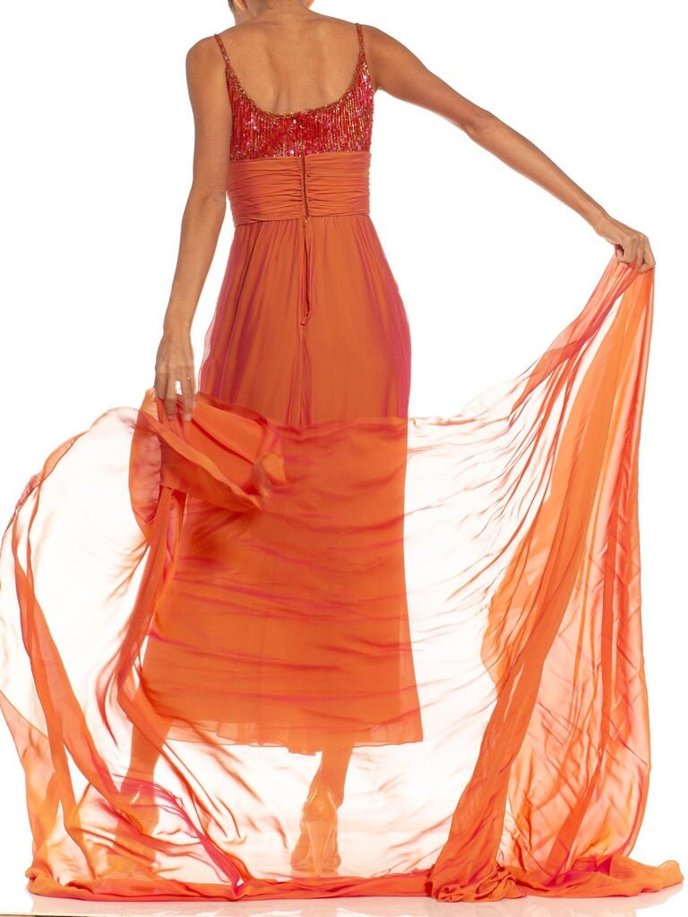 bob mackie dress orange Bob Mackie Orange and Black Beaded Tiger Print with Black Chiffon Gown For Sale at 1stDibs