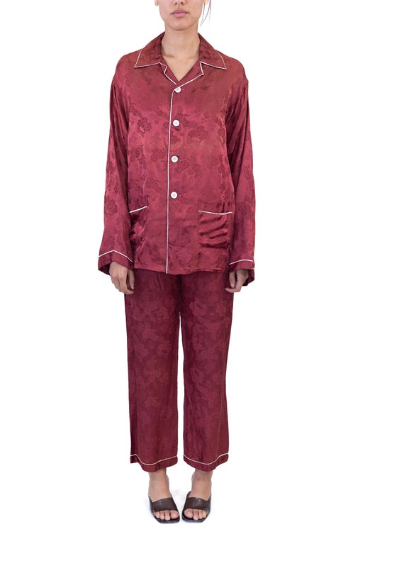 1940S Plaza Kobe Burgundy Rayon Jacquard Mens Paj… - image 1