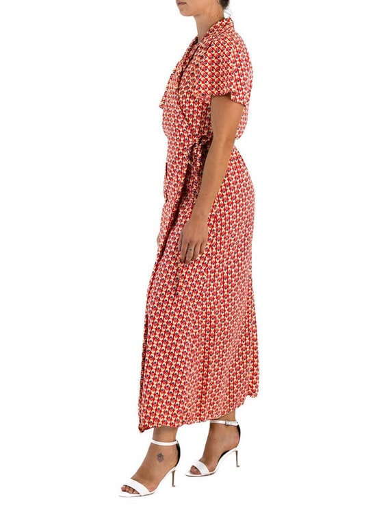 1940S Red Cotton Yellow Dot Print Wrap House Dress - image 2