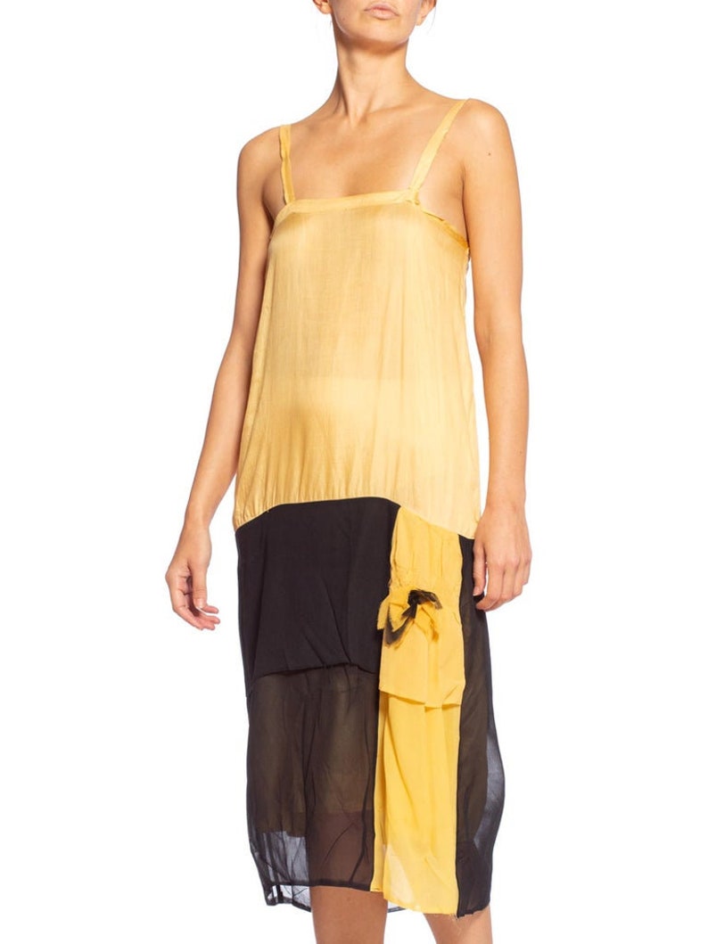 1920'S Yellow & Black Silk Chiffon Slip Dress Meant To Be Worn Under An Evening Top image 4