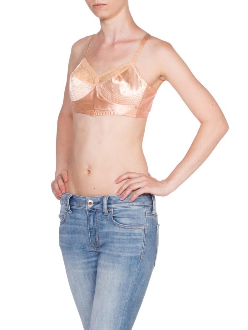 1940'S Nude Peach Cotton & Rayon Satin Bra From Paris With Mother-Of-Pearl Buttons image 3