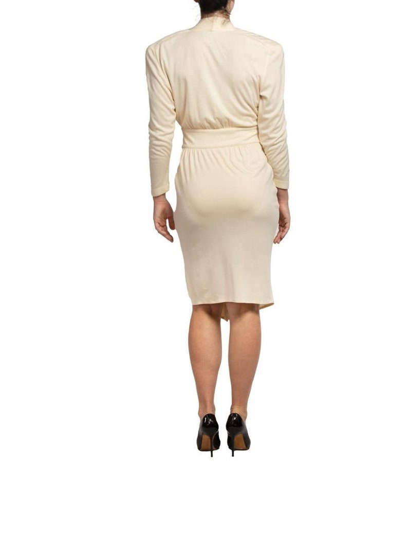 1980S THIERRY MUGLER Cream Wool Blend Jersey Sleeved Dress With Pockets image 5
