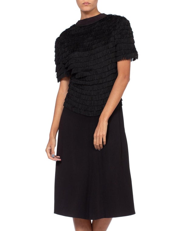 1940S Black Rayon & Silk Crepe Zipper Front Fringe