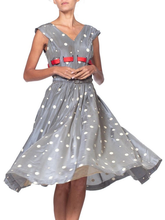 1950'S Blue & White Gingham Taffeta Polka Dot Pri… - image 5