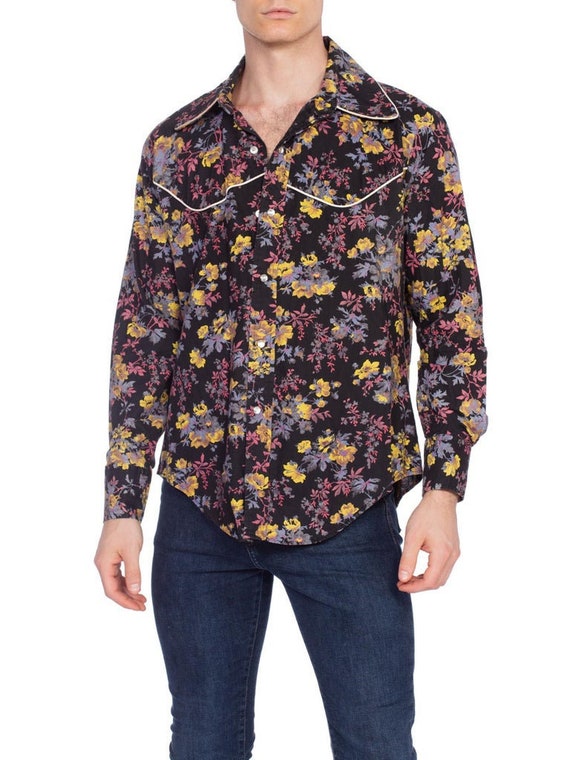 Mens 1970's Monzini 16L Floral Snap Western Shirt