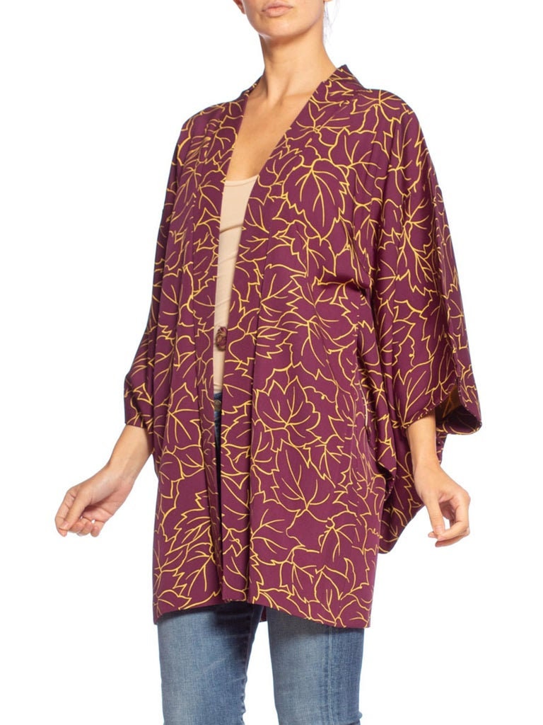 1950'S Japanese Silk in A Modernist Yellow on Wine Leak Print