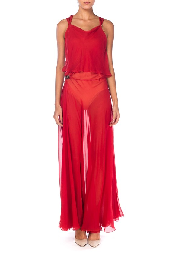 1930S Red Sheer Silk Chiffon Bias-Cut Gown With De