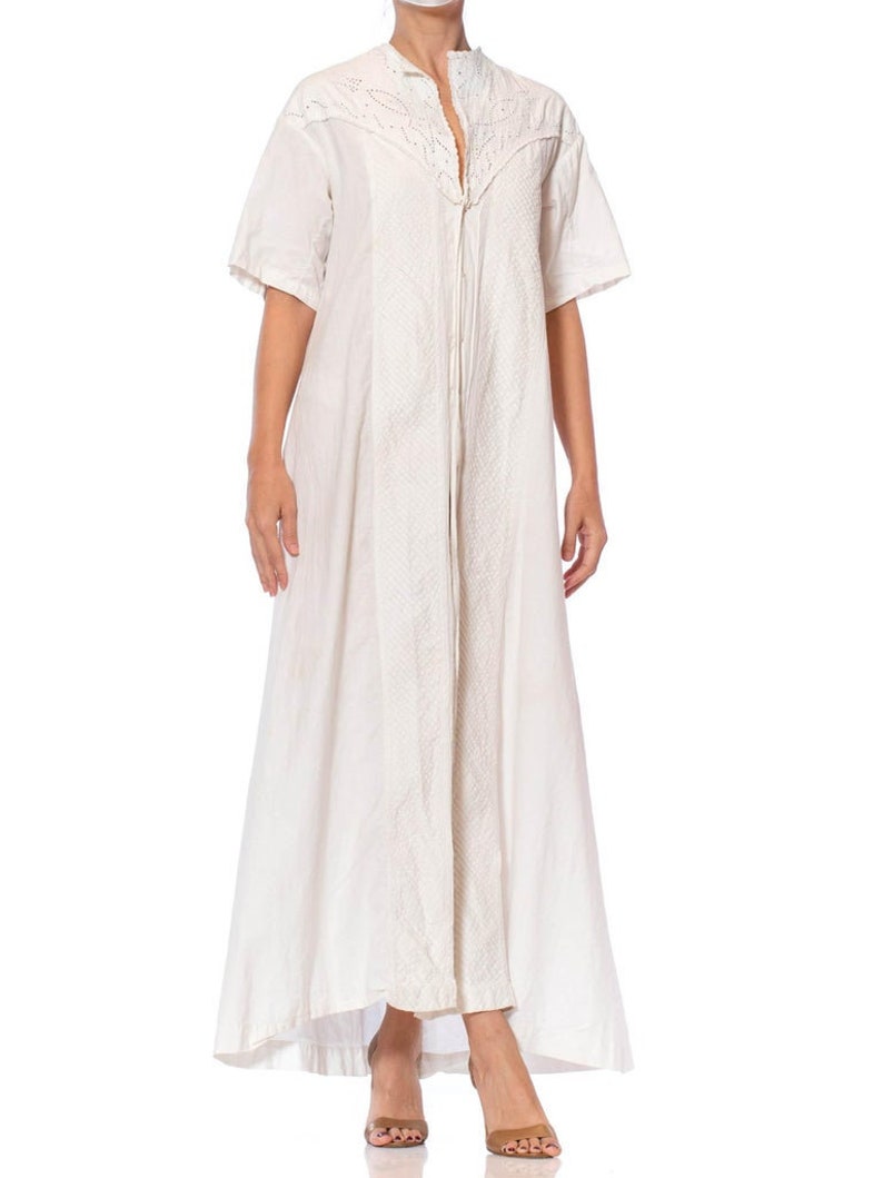 Victorian Off White Hand Embroidered Organic Linen Short Sleeve Nightgown Duster Dress image 1