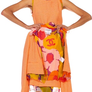 2000S Chanel Orange Boucle Floral Silk Chiffon 3-Piece Skirt Suit image 10
