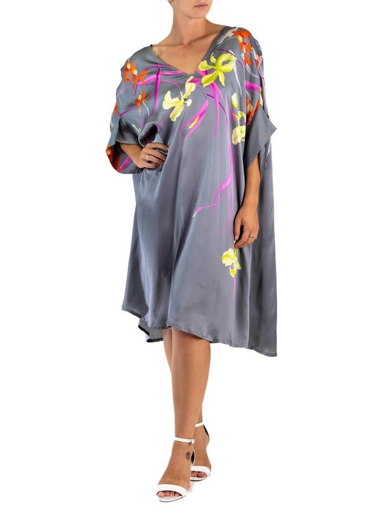 1990S Grey Silk Charmeuse Tropical Floral Tunic D… - image 8