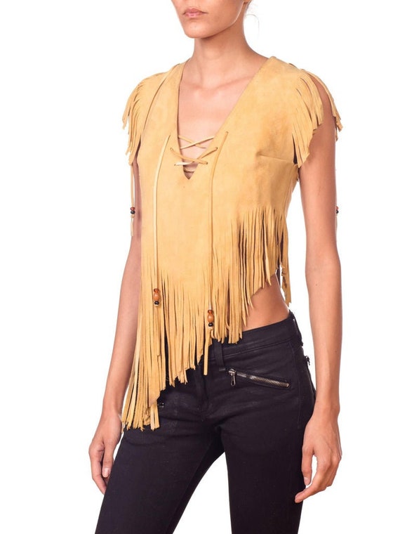 1970S Yellow Tan Suede Leather Beaded Fringe Lace