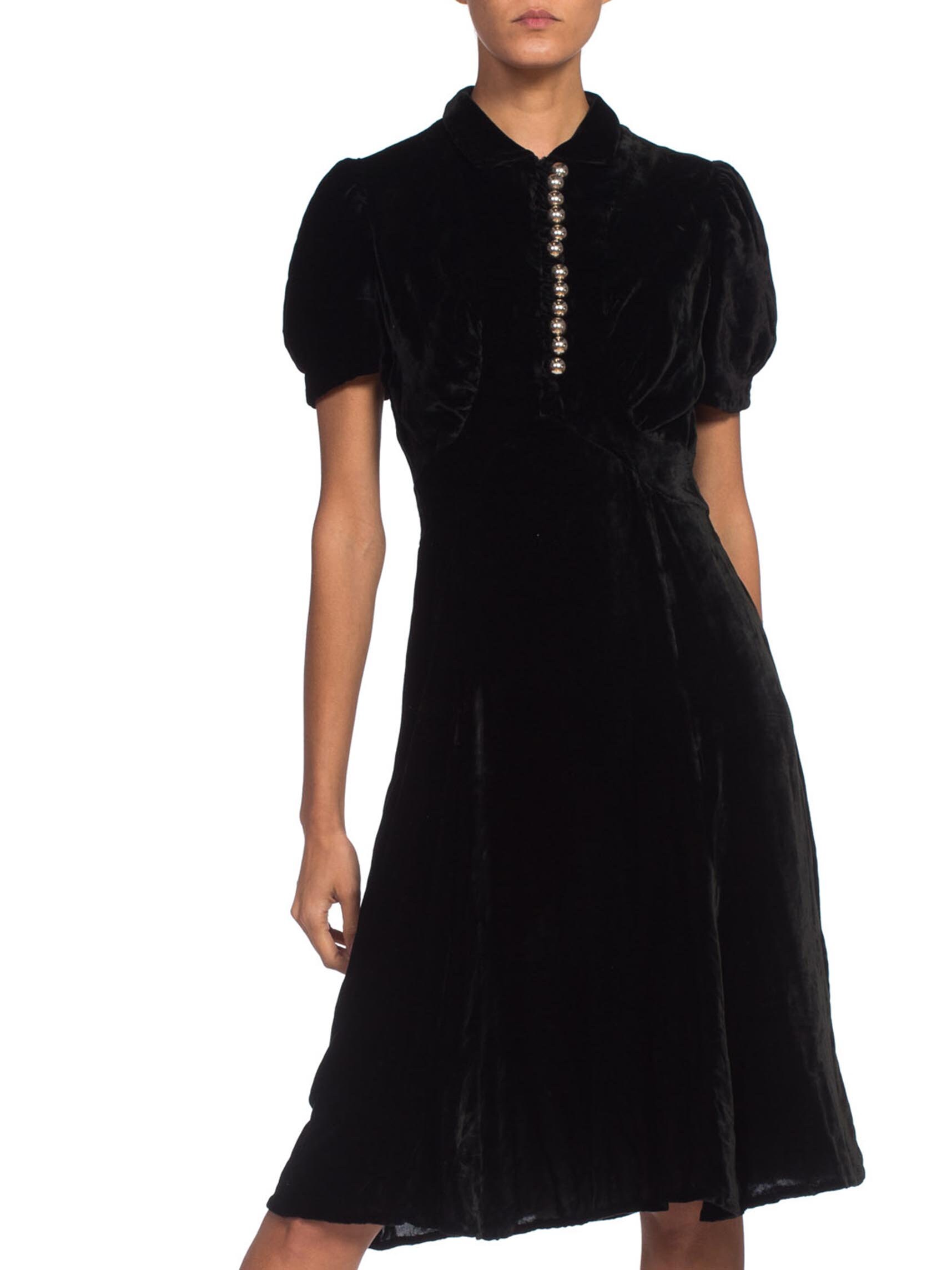 1930S Black Bias Cut Silk Velvet Dress With Fab Silver Buttons & Puff ...