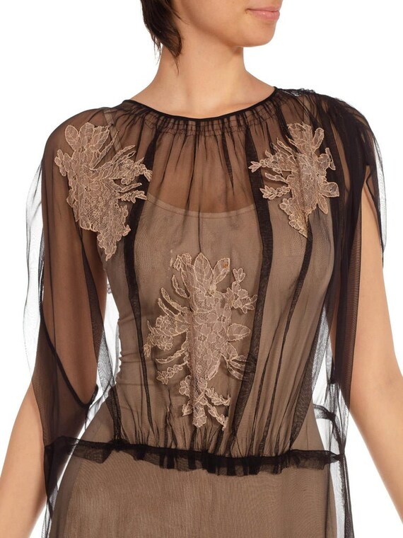 1920S Black Beige Silk Chiffon Sheer Dress With Lace… - Gem
