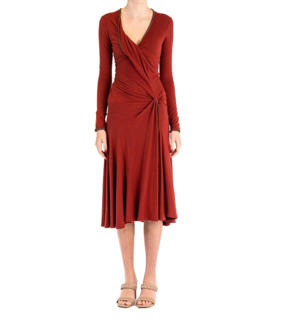2000S DONNA KARAN Rust Red Wool Blend Jersey Dress With Lambskin Suede Trim