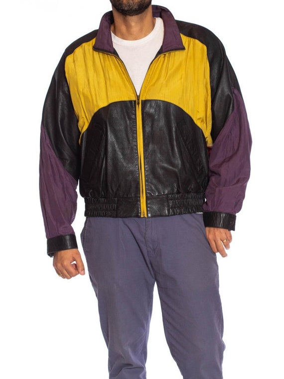 1990S Black Leather Men's Bomber Jacket With Yell… - image 4