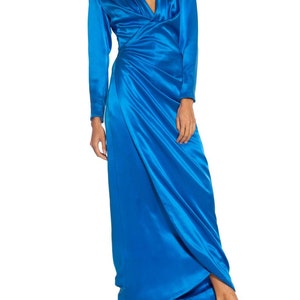 1980S Givenchy Electric Blue Haute Couture Silk Double Faced Satin Sleeved Gown With Slit Sash image 8