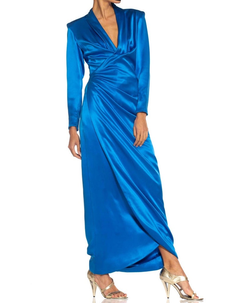 1980S Givenchy Electric Blue Haute Couture Silk Double Faced Satin Sleeved Gown With Slit Sash image 8