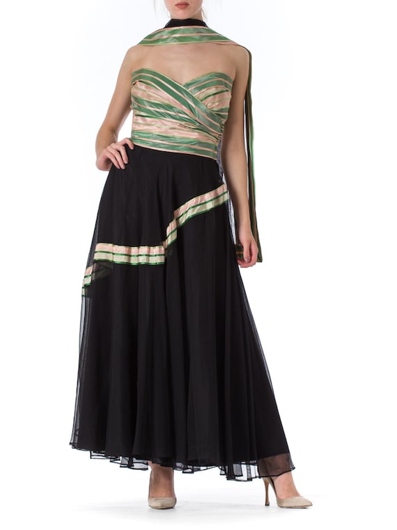 1940S Black Net Strapless Gown With Green & Pink S