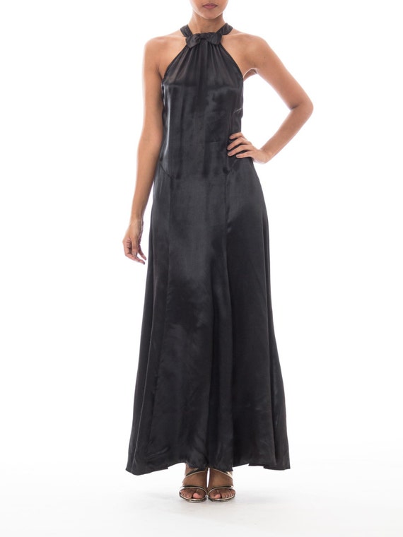 1930S Black Silk Satin Halter Bow Neck Gown - image 1