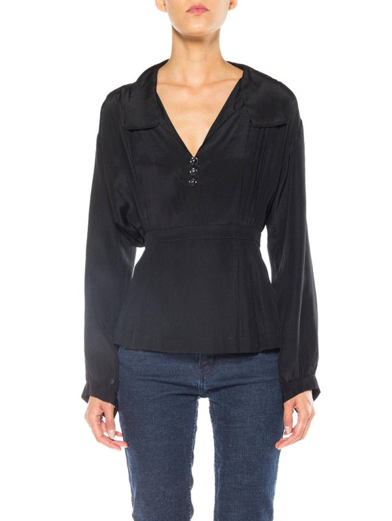 Edwardian Black Silk Long Sleeve Pleated & Belted