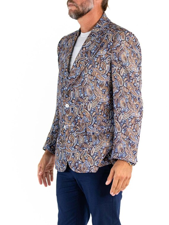 1970S Blue  Brown Polyester Paisley Print Blazer - image 4