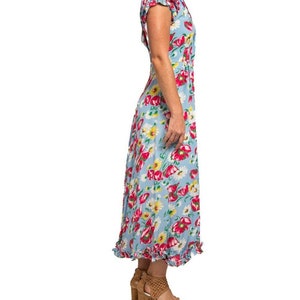 1940S Aqua Blue & Pink Cold Rayon Floral Zip-Front Dress image 3