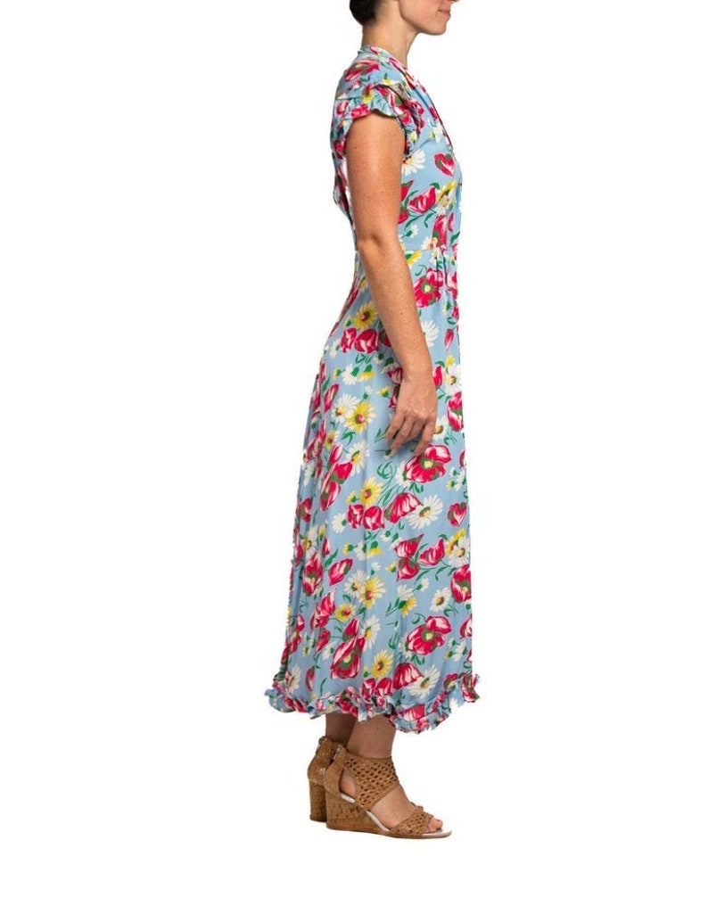 1940S Aqua Blue & Pink Cold Rayon Floral Zip-Front Dress image 3