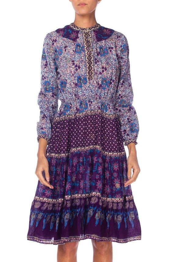 1970S Blue Purple Cotton Indian Block Printed Dre