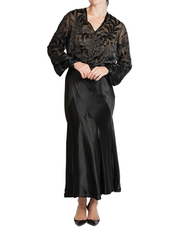 1930S Black Silk Satin Bias Cut Long Sleeve Gown - image 9