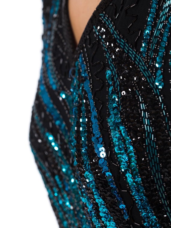 1980S Black & Teal Silk Chiffon Fully Beaded Cock… - image 5