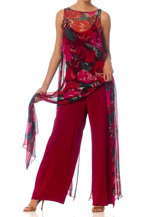 1970S Cranberry Red Rayon Jumpsuit With Floral Sil