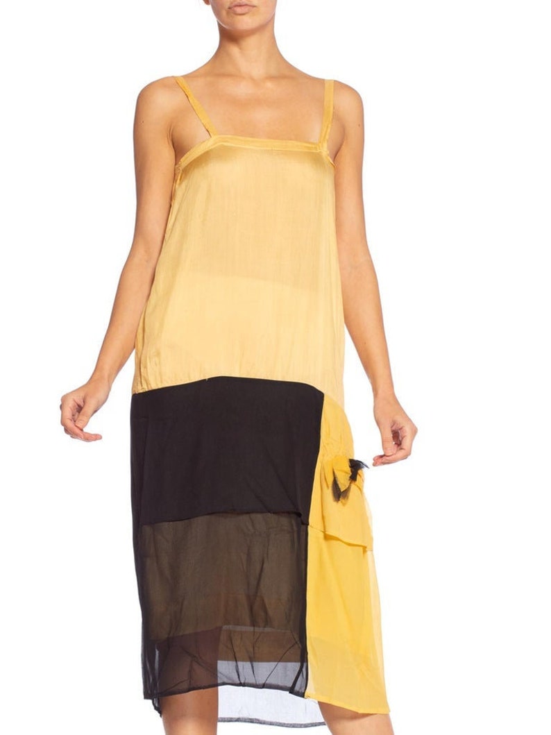 1920'S Yellow & Black Silk Chiffon Slip Dress Meant To Be Worn Under An Evening Top image 2