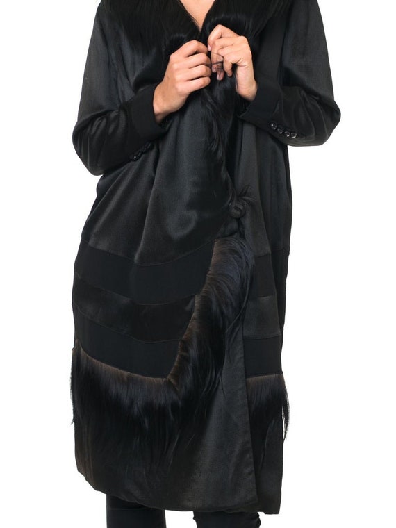 1920S Black Silk Satin  Coat Trimmed In Shaggy Fur - image 6