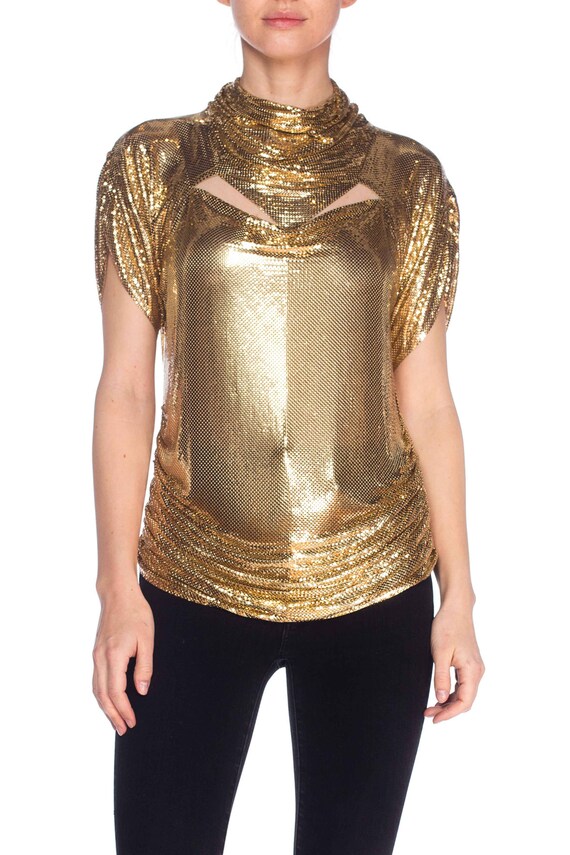 1980S WHITING & DAVIS Metal Gold Mesh Blouse Top
