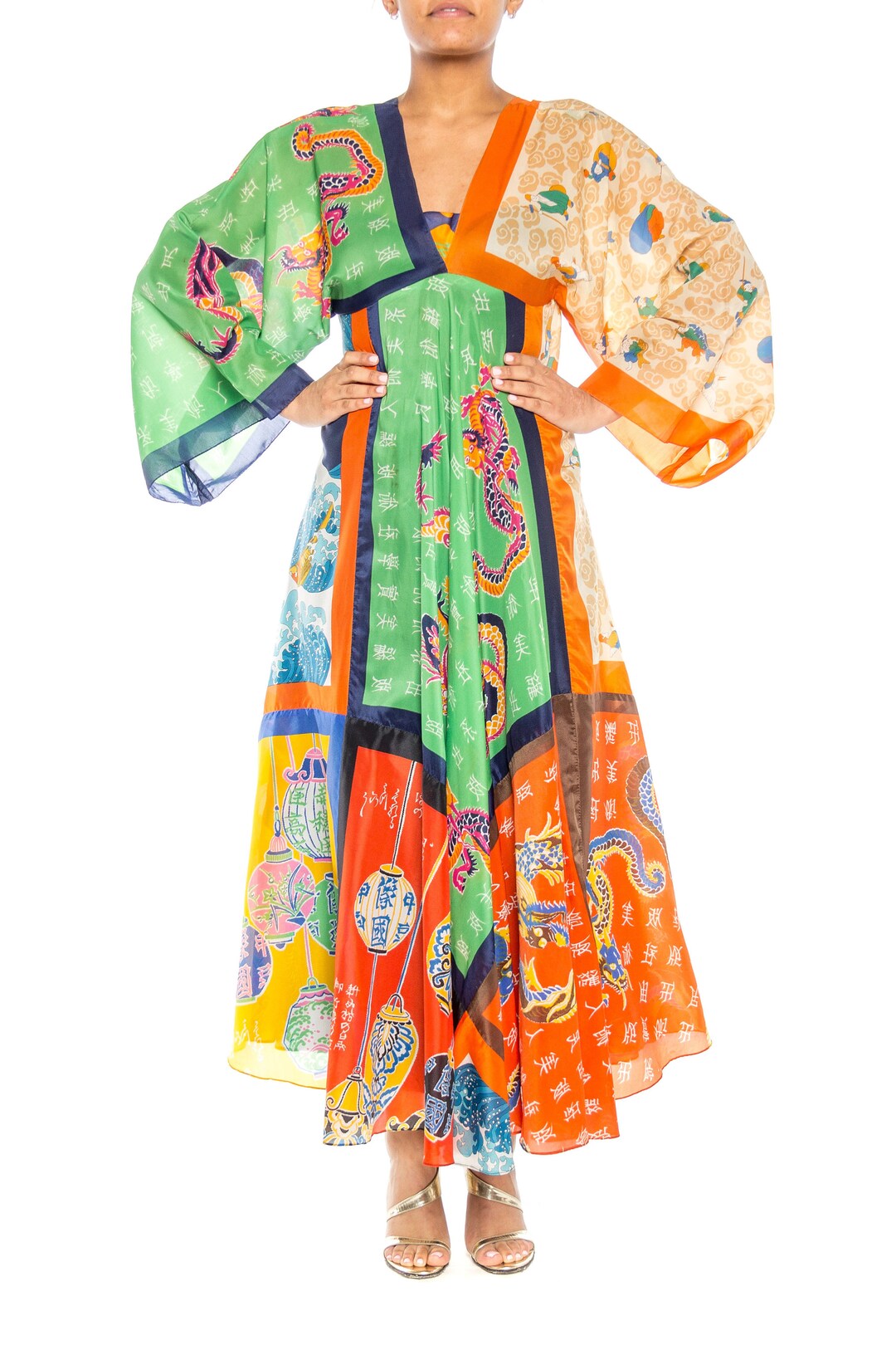 1970S LA VETTA Polyester Asian Dragon Patchwork Scarf Maxi Dress - Etsy