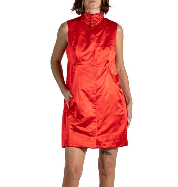 2000s Shiatzy Chen Tomato Red Beaded Silk Dress