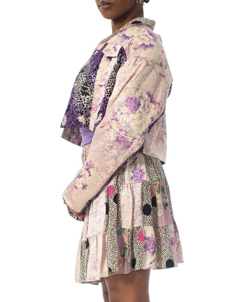 1980S Purple Printed Skirt, Top & Jacket Ensemble Made From Japanese Kimono Silk image 2
