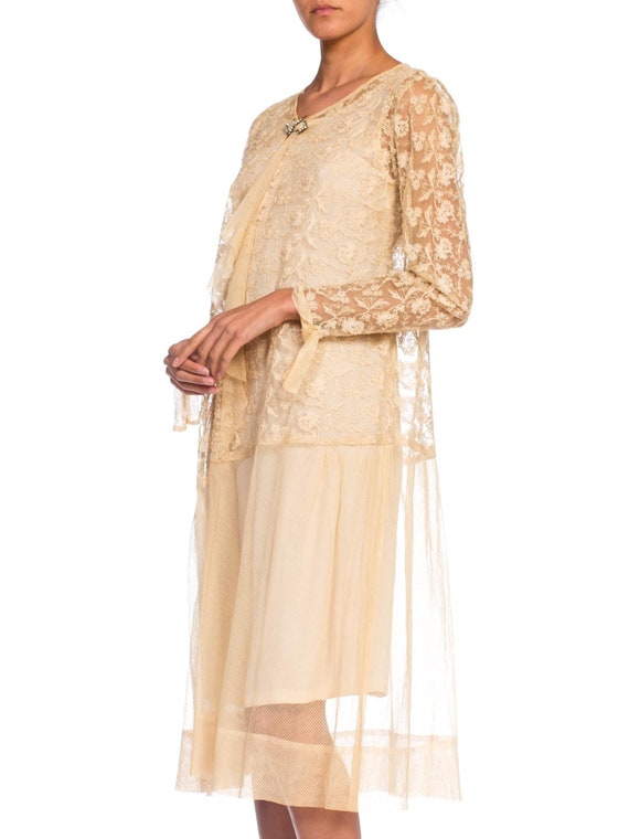 1920S  Beige Cotton Embroidered Tulle & Lace Flap… - image 3