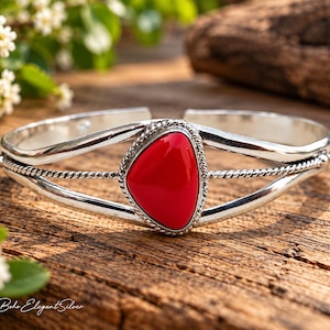 Handmade Red Coral Bangle - Sterling Silver Open Cuff Bracelet - Vintage Style Boho Gemstone Bangle - Triangular Stone Western Jewelry Gift