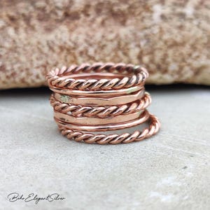 Pure Copper Stacking Rings, Handmade Twisted Solid Copper Set Of 7 Bands, Boho Minimalist Healing Jewelry, Gift for Men & Women