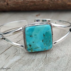 Kingman Turquoise Cuff Bracelet, Sterling Silver Square Gemstone Bangle, Split Shank Rope Border Jewelry, December Birthstone Boho Gift