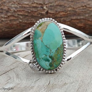 Natural Kingman Turquoise Cuff Bracelet, Sterling Silver Large Oval Stone Statement Bangle, Handcrafted Leaf Designer Southwestern Jewelry
