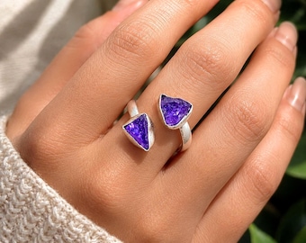 Raw Amethyst Sterling Silver Ring, Handmade Rough Amethyst Bypass Ring, Boho Adjustable Two Stone Crystal Ring, February Birthstone Gift's