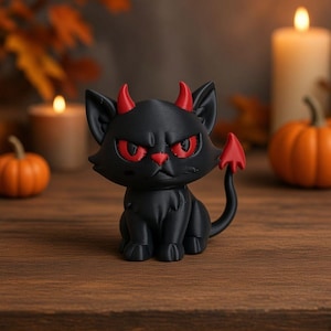 Peut inclure: Une petite figurine de chat noir avec des yeux rouge vif, un nez rouge, deux cornes rouges sur la tête et une queue à pointe rouge. Le chat a une expression faciale sévère et est sculpté en position assise avec des oreilles pointues.