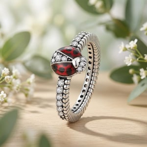 Ladybug Ring Stainless Steel Red Enamel Crystal Insect Jewelry Nature Inspired Cute Gift for Her Adjustable Stackable