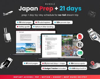 Japan Travel Planner Bundle, 21-Day Itinerary and Checklist for Notion, PDF & Google Sheets
