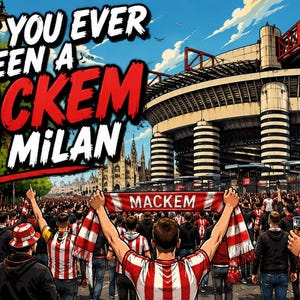 May include: A graphic illustration featuring a large crowd of people wearing red and white striped shirts outside the San Siro stadium in Milan. The text "HAVE YOU EVER SEEN A MACKEM IN MILAN" is displayed prominently in bold, red and white lettering.